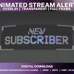 Puede incluir: Gráfico de alerta de transmisión animada con un efecto de pixelación con errores. El texto dice "NUEVO SUSCRIPTOR" en blanco con un contorno de arcoíris. El fondo es transparente.