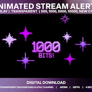 May include: Animated stream alert overlay with a purple pixelated "1000 BITS!" text and sparkling stars. The overlay is transparent and can be used for Twitch, YouTube, or other streaming platforms.