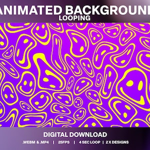 May include: A digital download featuring an animated background with a repeating pattern of yellow smiley faces on a purple background. The text "ANIMATED BACKGROUND LOOPING" is at the top. The bottom text reads "DIGITAL DOWNLOAD" and file details.