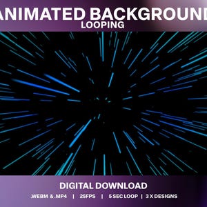 May include: Animated background with blue and green lines radiating outwards from the centre, creating a starburst effect. The background is black. The text "ANIMATED BACKGROUND LOOPING" is at the top of the image. The text "DIGITAL DOWNLOAD .WEBM &.MP4 | 25FPS | 5 SEC LOOP | 3X DESIGNS" is at the bottom of the image.