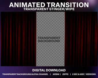 May include: Animated transition effect with red curtains opening to reveal a transparent background. The text "TRANSPARENT BACKGROUND" is visible in the center of the image. The text "DIGITAL DOWNLOAD" is at the bottom of the image. The text "TRANSPARENT BACKGROUND/ALPHA CHANNEL | .WEBM | 25FPS | 2 SEC & 4SEC VERSIONS" is at the bottom of the image.