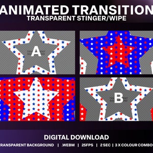 May include: Animated transition effect with a red, white, and blue star pattern. The transition is in the shape of a star and is set against a transparent background. The text "TRA A ENT IND" and "TRA B ENT IND" is visible in the image.