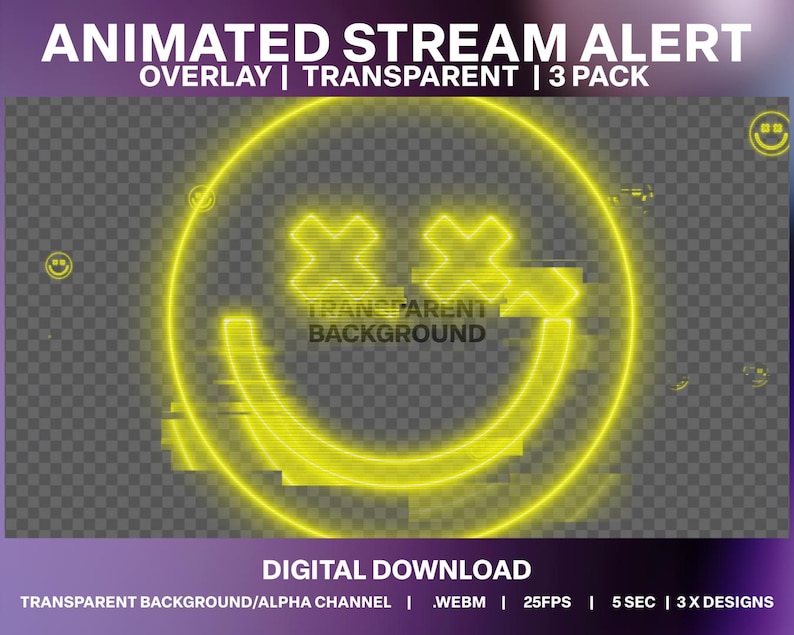 Neon Smiley Face Animated Stream Alerts: Cyber Glitch Overlay (digital ...