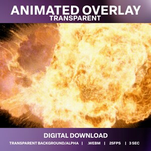 May include: Animated overlay of a fiery explosion with a transparent background. The overlay is 3 seconds long and plays at 25 frames per second.  The overlay is in .WEBM format.
