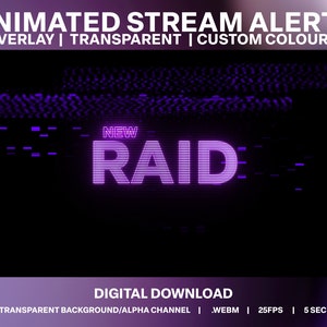 Neon Glitch animierte Stream Warnungen | VHS Stream Dekoration |  Lila Twitch Overlays | Glühende Glitch Alarm Overlay | Lila Live Stream