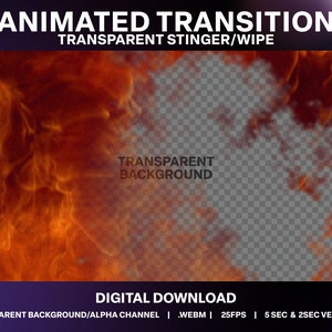 Könnte beinhalten: Animierter Übergangseffekt mit einem feurigen orange-roten Hintergrund, der in einen transparenten Hintergrund übergeht. Der Text "TRANSPARENT BACKGROUND" ist in der Mitte des Bildes sichtbar. Der Text "ANIMATED TRANSITION" und "TRANSPARENT STINGER/WIPE" ist oben im Bild sichtbar. Der Text "DIGITAL DOWNLOAD" ist unten im Bild sichtbar. Der Text "TRANSPARENT BACKGROUND/ALPHA CHANNEL | .WEBM | 25FPS | 5 SEC & 2SEC VERSIONS" ist unten im Bild sichtbar.