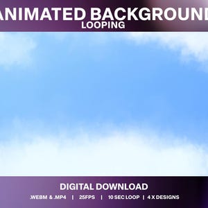 Könnte beinhalten: Animierter Hintergrund mit blauem Himmel und weißen Wolken. Der Hintergrund ist in einer Schleife und umfasst .WEBM- und .MP4-Dateien. Die Animation läuft mit 25 Bildern pro Sekunde und die Schleife ist 10 Sekunden lang. Es gibt 4 verschiedene Designs.