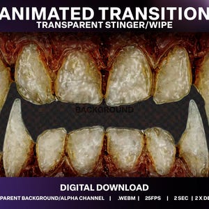 May include: An animated transition graphic featuring a close-up of a set of vampire teeth. The teeth are a yellowish-brown color with sharp fangs. The words "ANIMATED TRANSITION" and "TRANSPARENT STINGER/WIPE" are at the top. The words "DIGITAL DOWNLOAD" are at the bottom.
