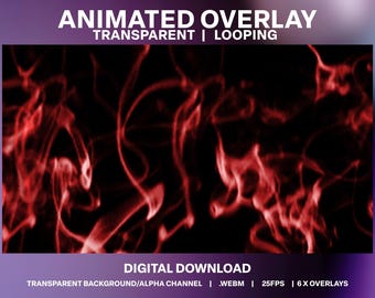 Pode incluir: Sobreposição animada com padrões vermelhos de fumaça em espiral sobre um fundo preto. O texto "ANIMATED OVERLAY" está na parte superior da imagem, com as palavras "TRANSPARENT | LOOPING" abaixo. O texto "DIGITAL DOWNLOAD" está na parte inferior da imagem, com as palavras "TRANSPARENT BACKGROUND/ALPHA CHANNEL | WEBM | 25FPS | 6 X OVERLAYS" abaixo.