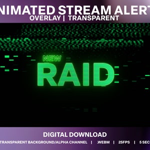 Może przedstawiać: Animowany zielono-biały nakładkowy tekst "NEW RAID" z efektem zakłóceń na czarnym tle. Tekst jest w retro, pikselowym stylu. To cyfrowe pobranie dla powiadomienia o strumieniowaniu.