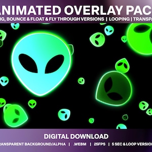 May include: An animated overlay pack with a black background featuring glowing green and blue alien faces. The text "ANIMATED OVERLAY PACK" is at the top, and "DIGITAL DOWNLOAD" is at the bottom. The overlay includes looping and transparent versions.