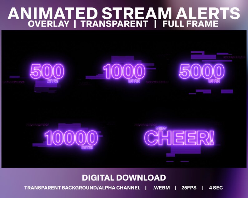 Animated Purple Neon Glitch Twitch Bits | Cheer Stream Alerts (digital ...