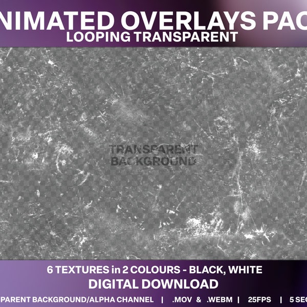 Old Film Noise Animated Transparent Overlay 6 Pack | Texture Grunge Stream Overlay | Old VHS Transparent Noise | Vintage Editing Overlays