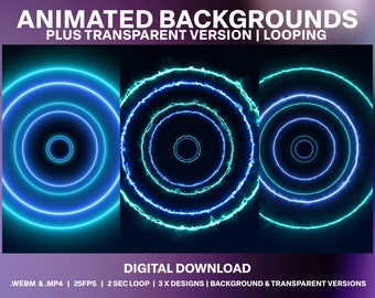 May include: Three animated backgrounds with concentric circles in blue and green. The circles pulse and glow. The text on the image reads "Animated Backgrounds Plus Transparent Version | Looping .WEBM &.MP4 | 25FPS | 2 SEC LOOP | 3X DESIGNS | BACKGROUND & TRANSPARENT VERSIONS"
