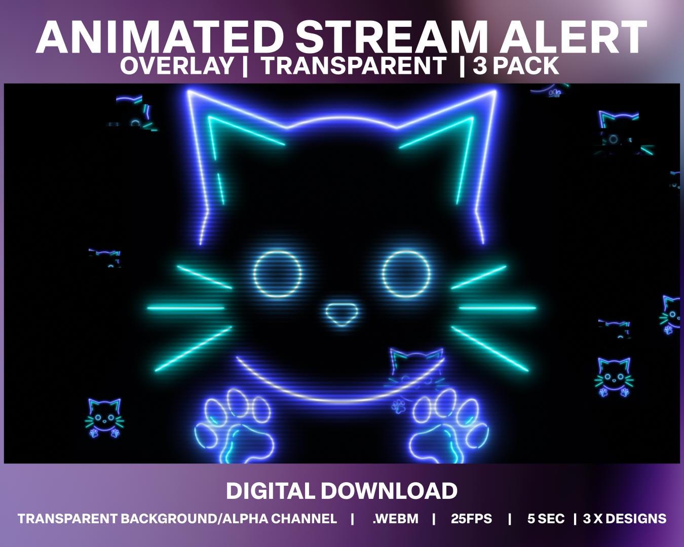 Neon Cat Stream Alert Overlay: Cyber Kitty Animated Pack (digital ...