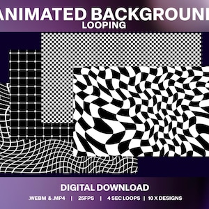 Op de afbeelding: Geanimeerde achtergrondlussen met 10 verschillende ontwerpen. De ontwerpen zijn zwart-wit en omvatten een geruit patroon, een rasterpatroon en een golvend rasterpatroon. De tekst "ANIMATED BACKGROUND LOOPING" staat bovenaan de afbeelding. De tekst "DIGITAL DOWNLOAD .WEBM &.MP4 | 25FPS | 4 SEC LOOPS | 10 X DESIGNS" staat onderaan de afbeelding.