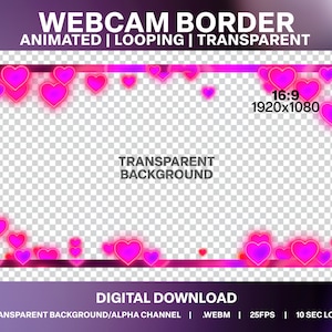 Rosa hjärtan animerad Stream Overlay: Alla hjärtans dag webbkamerakant (digital nedladdning)