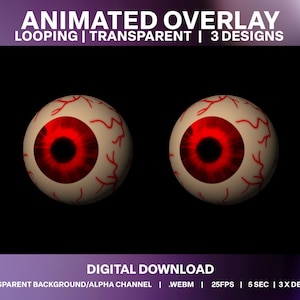 Peut inclure: Graphique de superposition animée avec deux globes oculaires stylisés aux iris rouges et aux vaisseaux sanguins, sur fond noir. Le texte "ANIMATED OVERLAY" et "DIGITAL DOWNLOAD" est affiché.