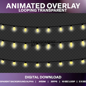 Może przedstawiać: Animowana nakładka z trzema rzędami świecących światełek na przezroczystym tle. Tekst "TRANSPARENT BACKGROUND" jest widoczny w środku obrazu. Tekst "ANIMATED OVERLAY LOOPING TRANSPARENT" znajduje się w górnej części obrazu. Tekst "DIGITAL DOWNLOAD TRANSPARENT BACKGROUND/ALPHA | .WEBM | 25FPS | 10 SEC LOOP | 3X DESIGNS" znajduje się w dolnej części obrazu.