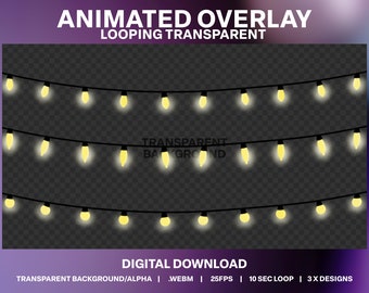 Op de afbeelding: Geanimeerde overlay van drie rijen gloeiende lichtslingers op een transparante achtergrond. De tekst "TRANSPARENT BACKGROUND" is zichtbaar in het midden van de afbeelding. De tekst "ANIMATED OVERLAY LOOPING TRANSPARENT" bevindt zich bovenaan de afbeelding. De tekst "DIGITAL DOWNLOAD TRANSPARENT BACKGROUND/ALPHA | .WEBM | 25FPS | 10 SEC LOOP | 3X DESIGNS" bevindt zich onderaan de afbeelding.