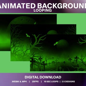May include: Animated Halloween background with looping designs. The image features a green and black spooky scene with a full moon, bats, trees, and tombstones. The text "DIGITAL DOWNLOAD" is visible.