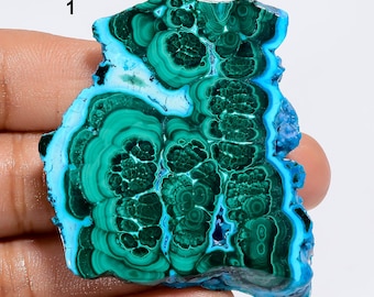May include: A polished slab of malachite and chrysocolla featuring vibrant concentric bands of deep forest green and bright turquoise blue. The mineral specimen displays a natural, irregular shape with distinct color zoning and patterns.