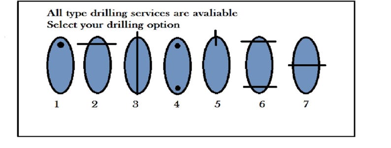 May include: An image displaying seven blue, oval gemstones with various drilling options. Each stone features a black line or dot to denote the drilling style. The text at the top states, "All type drilling services are available. Select your drilling option."