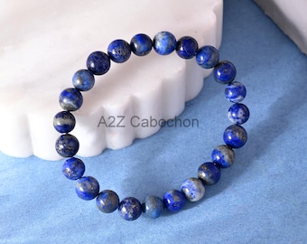 Pulsera de lapislázuli natural con cuentas de 12 mm, elástica, con cuentas de lapislázuli azul, 19 cm de largo.