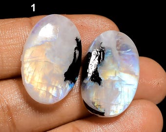 Paar natuurlijke regenboogmaansteen edelsteen blauw vuur Paar maansteen cabochon los paar voor het maken van oorbellen (paar als afbeelding)