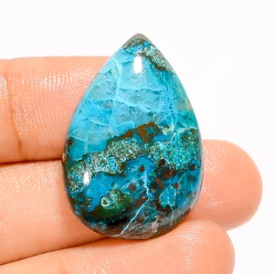 Piedra preciosa de crisocola natural con parte trasera plana, tamaño 29 x 20 x 8 mm, cristal de crisocola