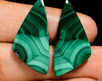 Natural Malachite Pair Cabochon Loose Green Malachite Crystal Pair 29X13X4 mm Size Green Pair Stone