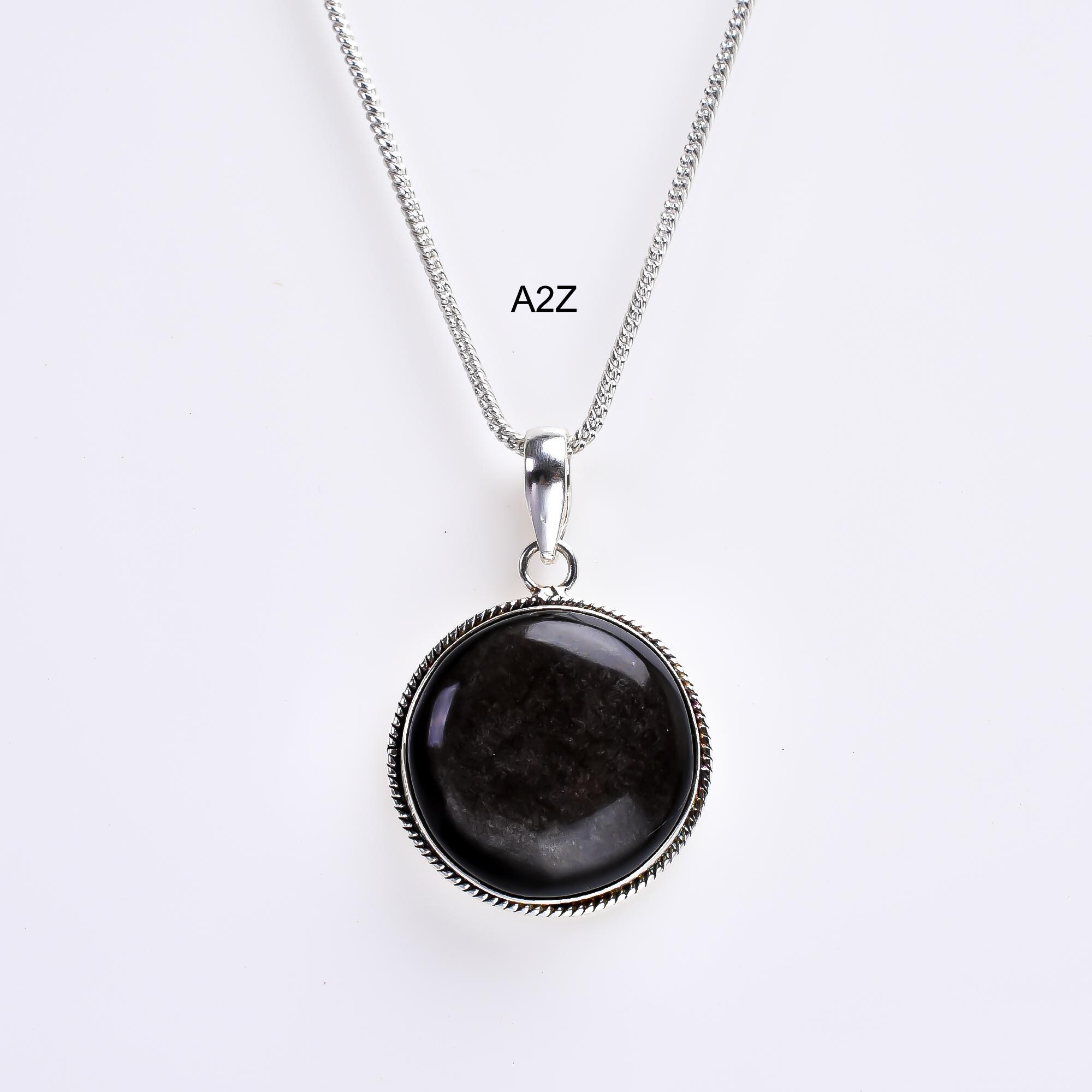 ネックレス BWL Round Stone Silver Charm Black Stone Silver Obsidian Pendant Necklace Circle Shape Necklace Silver