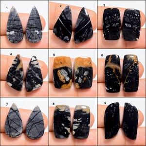 May include: Nine pairs of black and white gemstone cabochons, each pair is a different shape and pattern. The cabochons are arranged in a grid of three rows and three columns.