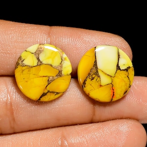 Par de turquesas de dalia miel, piedra turquesa de cobre amarillo, tamaño 16 x 16 x 2 mm, par de turquesas amarillas pulidas por ambos lados