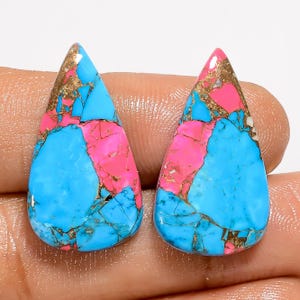 Paire de cabochons barbe à papa turquoise, Paire de cabochons barbe à papa turquoise, 26 x 14 x 4 mm, poli des deux côtés, dos plat