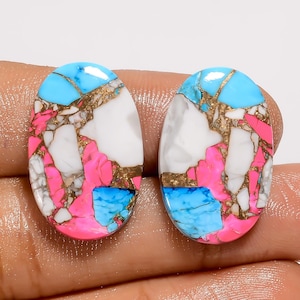 Paire de cabochons barbe à papa turquoise, turquoise, 24 x 15 x 4 mm, la paire, dos plat poli des deux côtés