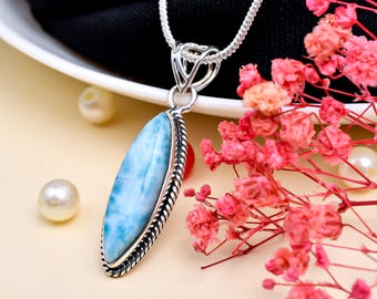925 Sterling Larimar Pendant Necklace Marquise Shape Larimar Necklace 1.5" Silver Necklace With Silver Chain