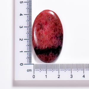 May include: An oval gemstone, mainly red with a dark black band. The stone is about 5 cm long, measured against a ruler. The surface has a textured appearance, with variations in color and tone.