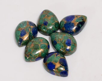 Spiny Copper Azurite Malachite Cabochon Lot: 6 Gemstone Pieces (16X11X5 mm)