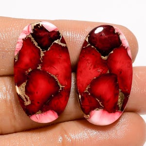 Paire de cabochons de turquoise rouge, de cuivre rouge et de cristal turquoise, des deux côtés, de 28 x 15 x 4 mm, de turquoises rouges polis des deux côtés