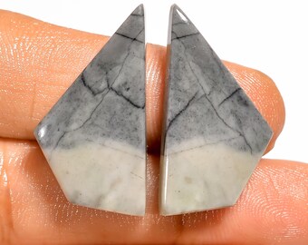 May include: Two polished gemstone pieces, each with a unique geometric shape. The top portion is a mottled gray, transitioning to a creamy white base. Fine, dark gray veining patterns the surface, creating a natural, textured appearance. The stones are held in a hand.