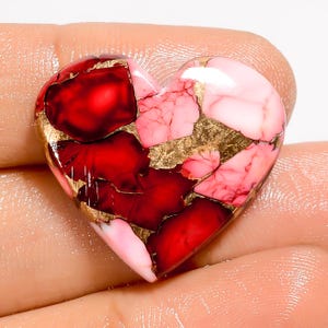 Cabochon rouge turquoise, cuivre rouge buffle, cristal turquoise, coeur, turquoise rouge, 23 x 25 x 5 mm, pierre de taille des deux côtés, pierre à dos plat polie des deux côtés