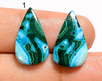 Natural Malachite Chrysocolla Pair Gemstone Flat Back Malachite Pair Cabochon Green Pair Stone Smooth Green Malachite Pair Malachite Stone