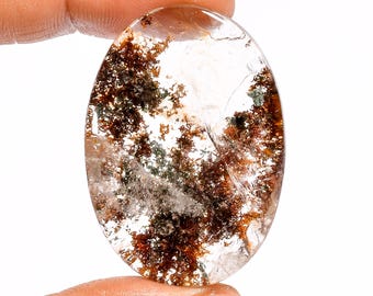 Rutile In Garden Quartz Cabochon: Natural Lodolite Crystal Stone (41X30X10 mm)