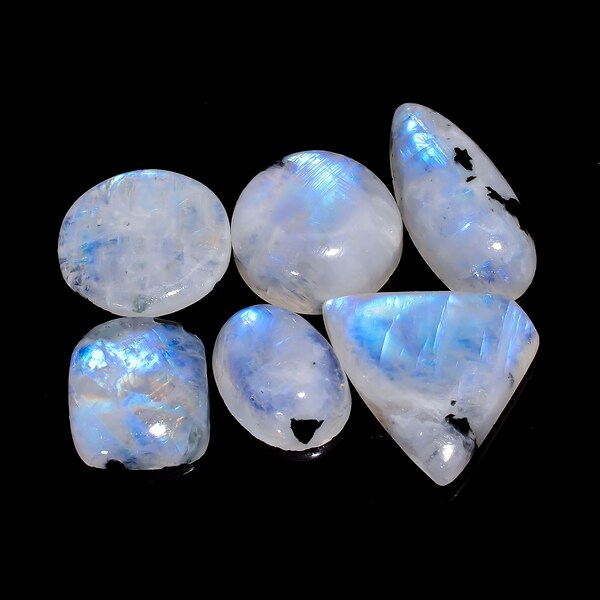 Rainbow Moonstone Cabochon Lot Black Tourmaline Gemstone Lot 16X11 25X11 mm 81 Carat Fire Play Moonstone 6 Pieces Lot For Making Jewelry