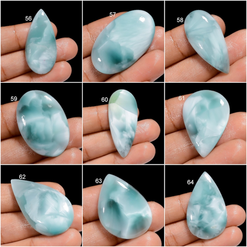 May include: A collection of 10 cabochon gemstones, each with a unique blue and green marbled pattern. The stones are all pear-shaped and have a smooth, polished finish.