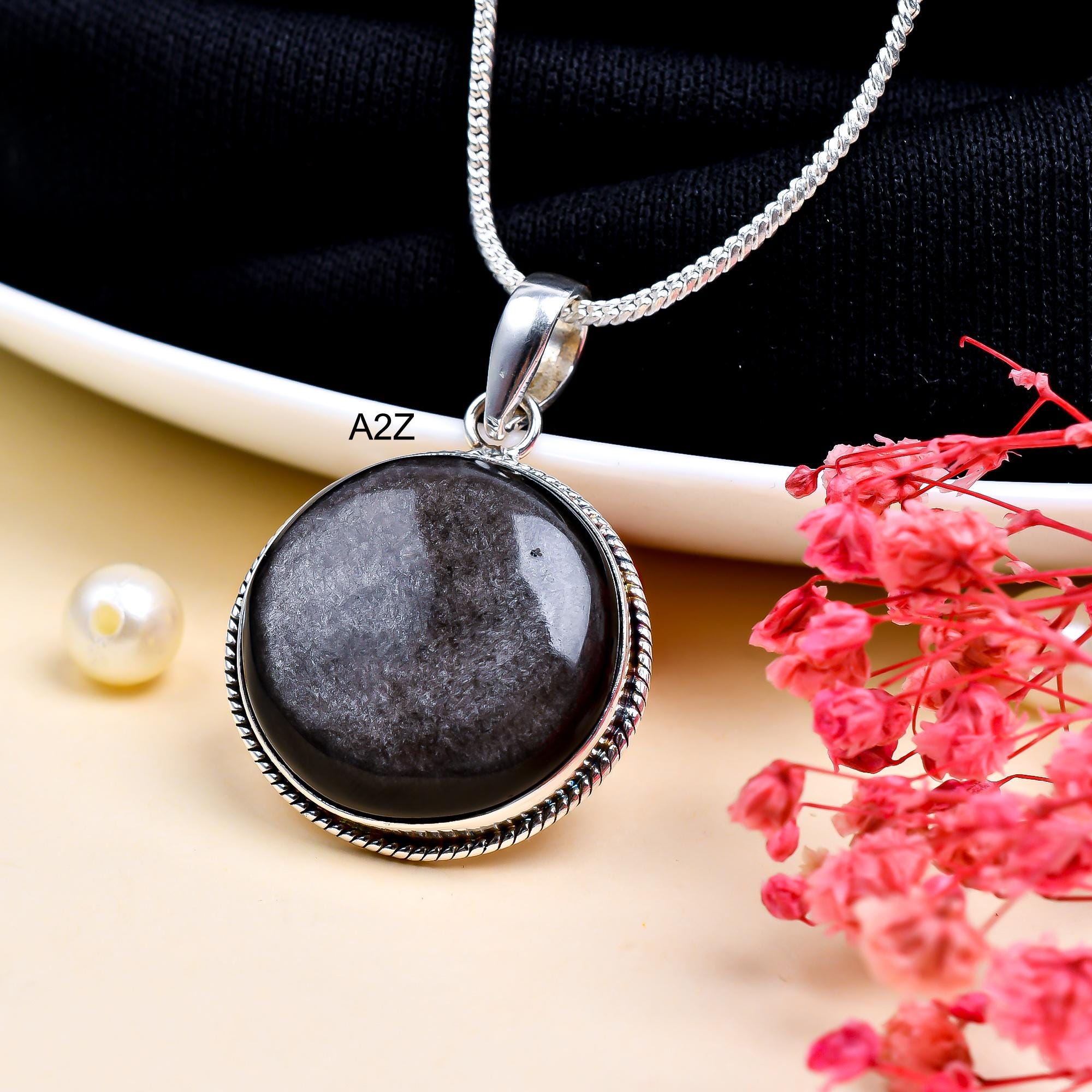 ネックレス BWL Round Stone Silver Charm Black Stone Silver Obsidian Pendant Necklace Circle Shape Necklace Silver
