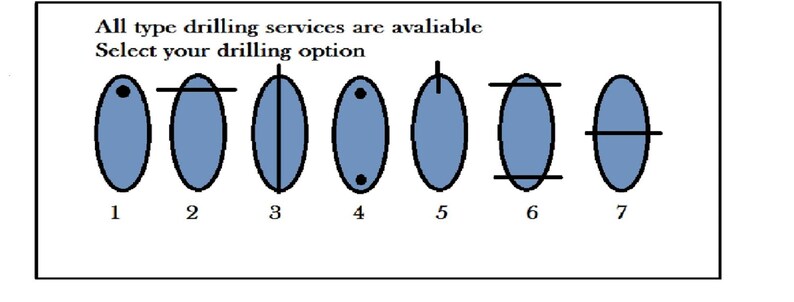 May include: An image showing seven blue, oval-shaped gemstones with different drilling options. Each stone has a black line or dot indicating the drilling style. Text at the top reads, "All type drilling services are available. Select your drilling option."