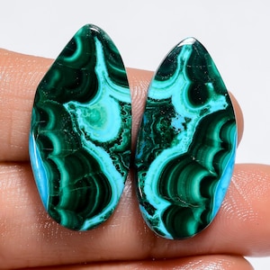Paire de pierres précieuses en malachite naturelle et chrysocolle, taille 28 x 13 x 3 mm, paire de pierres précieuses en chrysocolle et malachite