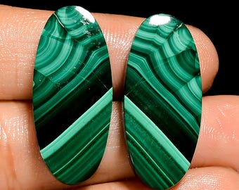 Natural Malachite Pair Cabochon Loose Green Malachite Crystal Pair 28X12X4 mm Size Green Pair Stone
